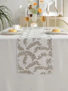 亮片裝飾葉子圖案長方桌布 - 銀色 - 查看 1