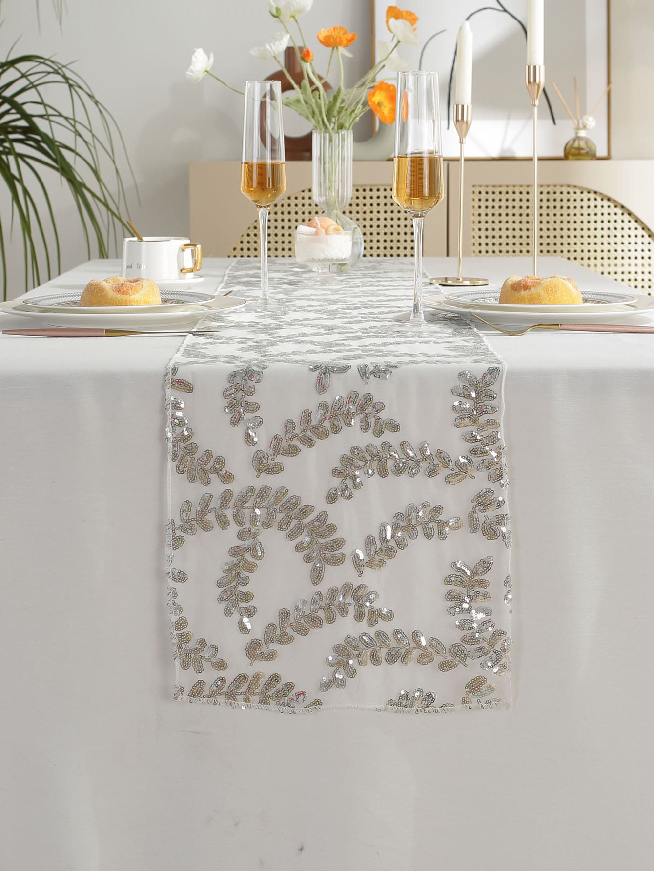 亮片裝飾葉子圖案長方桌布 - 銀色 - 查看 1