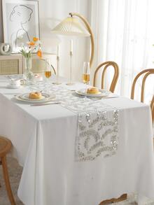 亮片裝飾葉子圖案長方桌布 - 銀色 - 查看 2