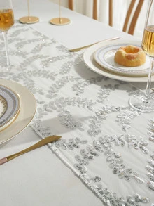 亮片裝飾葉子圖案長方桌布 - 銀色 - 查看 3