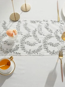 亮片裝飾葉子圖案長方桌布 - 銀色 - 查看 4