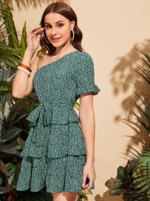 Đầm Bất đối xứng Thắt lưng Viên lá sen phân lớp Thực vật Tất cả trên in Boho - Màu xanh lá cây đậm - Xem 3