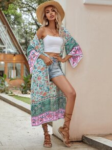 Allover Floral Print Kimono, For Summer Beach Vacation - Multicolor - View 1