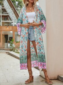 Allover Floral Print Kimono, For Summer Beach Vacation - Multicolor - View 3