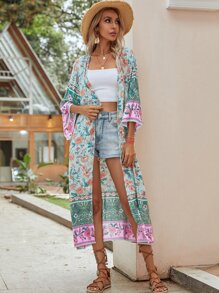 Allover Floral Print Kimono, For Summer Beach Vacation - Multicolor - View 6