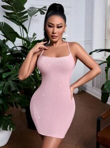 SHEIN SXY 十字交叉後背繫帶金屬質感吊脖緊身連衣裙 - 淺粉色 - 查看 5