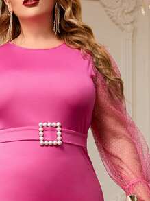 SHEIN 大碼拼接波點網紗荷葉袖圍裹繫腰帶連衣裙 - 粉色 - 查看 6