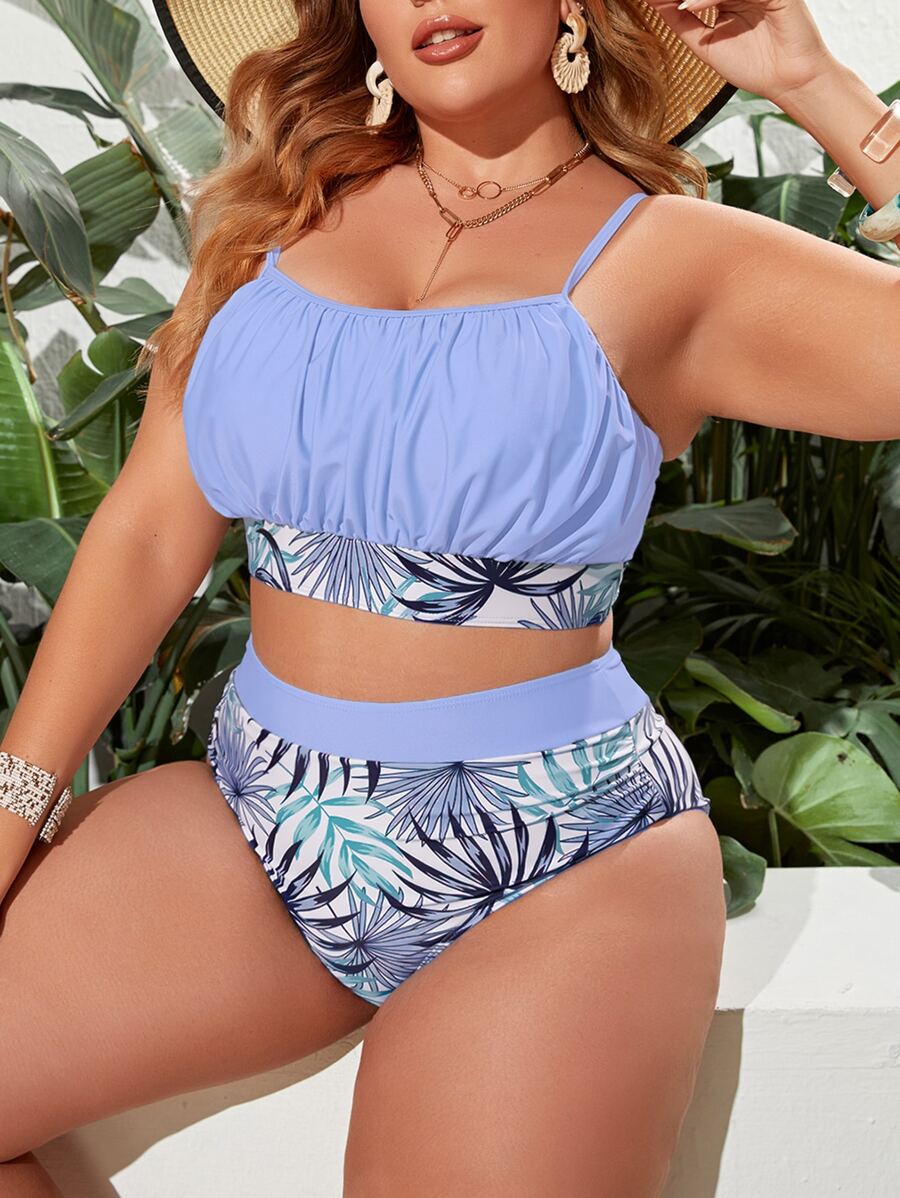 SHEIN Swim Curve Conjunto De Bikini De Talle Alto Con Busto Fruncido Y Estampado De Plantas De Talla Grande Playa De Verano - Multicolor - Ver 1