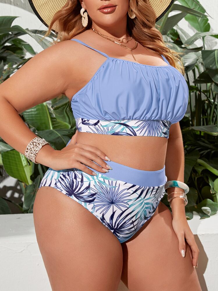 SHEIN Swim Curve Plus Size Plant Print Ruched Bust High Waisted Bikini Set Summer Beach - Multicolor - View 3