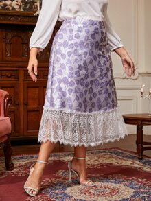 Modelyn Plus Floral Jacquard Contrast Lace Hem Skirt - Lilac Purple - View 2