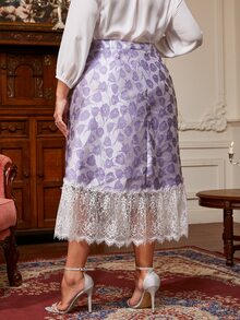 Modelyn Plus Floral Jacquard Contrast Lace Hem Skirt - Lilac Purple - View 3