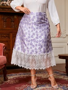 Modelyn Plus Floral Jacquard Contrast Lace Hem Skirt - Lilac Purple - View 4