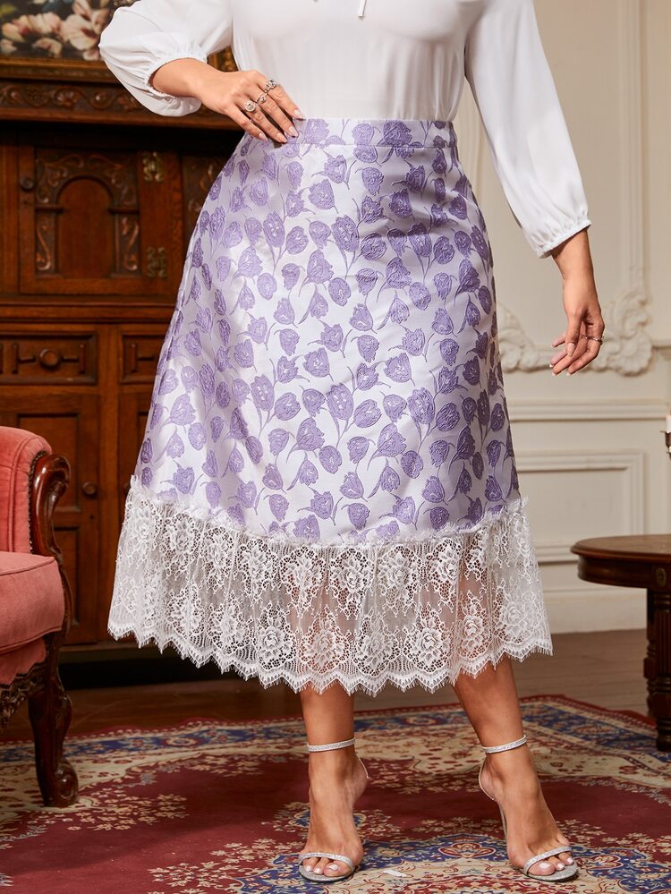 Modelyn Plus Floral Jacquard Contrast Lace Hem Skirt - Lilac Purple - View 4