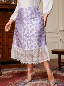 Modelyn Plus Floral Jacquard Contrast Lace Hem Skirt - Lilac Purple - View 1