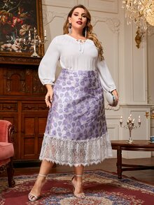 Modelyn Plus Floral Jacquard Contrast Lace Hem Skirt - Lilac Purple - View 5