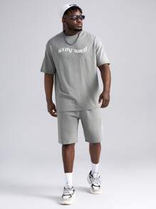 EASEVO Hombres con estampado de slogan Camiseta & de cintura con cordón Shorts - Gris Claro - Ver 1