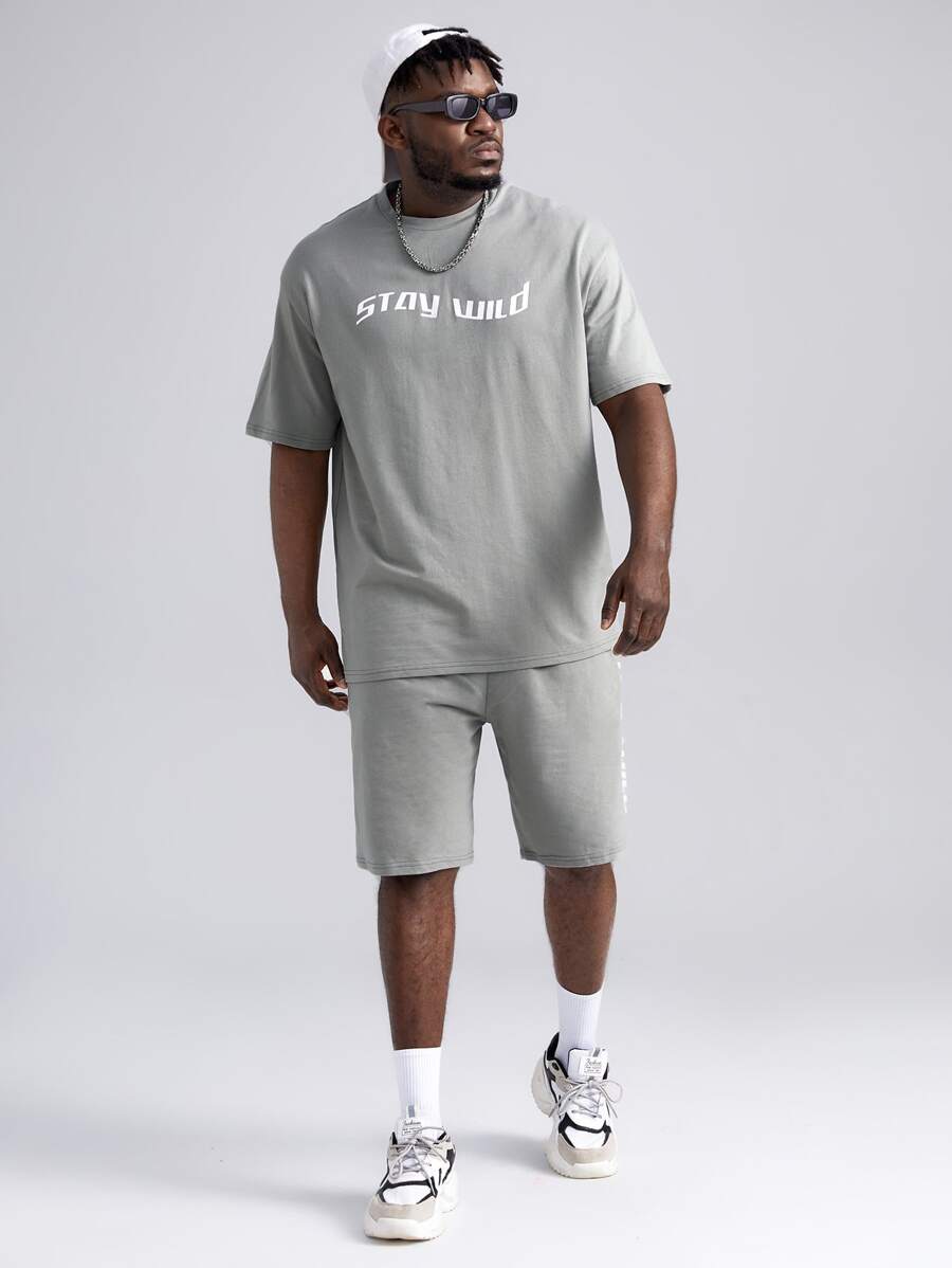 EASEVO Hombres con estampado de slogan Camiseta & de cintura con cordón Shorts - Gris Claro - Ver 1