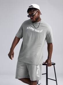 EASEVO Hombres con estampado de slogan Camiseta & de cintura con cordón Shorts - Gris Claro - Ver 3