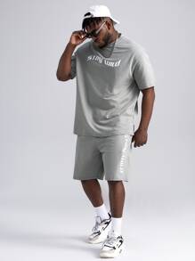 EASEVO Hombres con estampado de slogan Camiseta & de cintura con cordón Shorts - Gris Claro - Ver 6