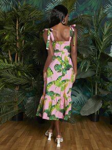 SHEINNeu Abito con bretelle sottile con stampa tropicale nodo frontale con volant
