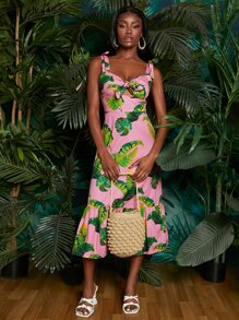 SHEINNeu Abito con bretelle sottile con stampa tropicale nodo frontale con volant