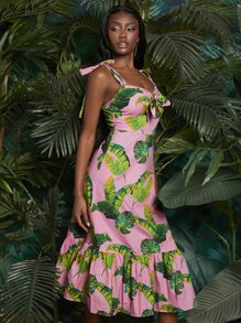 SHEINNeu Abito con bretelle sottile con stampa tropicale nodo frontale con volant