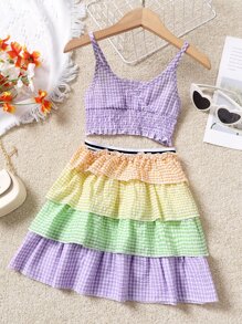Toddler Girls Gingham Shirred Cami Top With Layered Skirt - Multicolor - View 1
