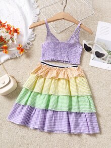 Toddler Girls Gingham Shirred Cami Top With Layered Skirt - Multicolor - View 2