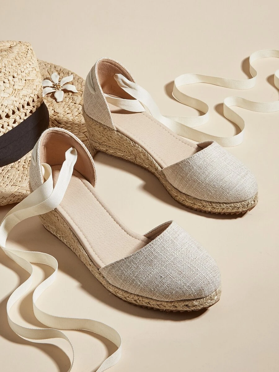 Linen Espadrille Strappy Wedges - Apricot - View 1