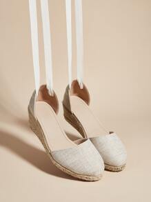 Linen Espadrille Strappy Wedges - Apricot - View 2