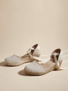Linen Espadrille Strappy Wedges - Apricot - View 3