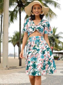 Tropical Twist Detail Top & Skirt Set - Multicolor - View 1