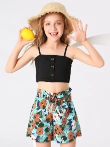 Girls Cami Top & Floral Print Belted Shorts - Multicolor - View 1