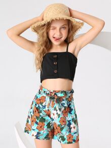 Girls Cami Top & Floral Print Belted Shorts - Multicolor - View 5