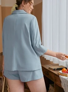 SHEIN Frenchy Plus Solid Blazer & Belted Shorts Set - Dusty Blue - View 2