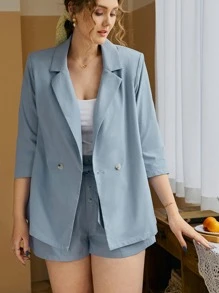 SHEIN Frenchy Plus Solid Blazer & Belted Shorts Set - Dusty Blue - View 3