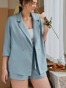 SHEIN Frenchy Plus Solid Blazer & Belted Shorts Set - Dusty Blue - View 4