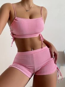Plain Lace Up Side Bikini Set Summer Beach - Pink - View 1