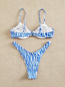 SHEIN Swim Bikini đi biển mùa hè sọc ngựa vằn - Xanh và trắng - Xem 2