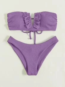 Frill Trim V Wired Bikini For Summer Beach - Lilac Purple - View 3