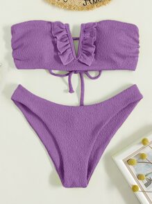 Frill Trim V Wired Bikini For Summer Beach - Lilac Purple - View 5