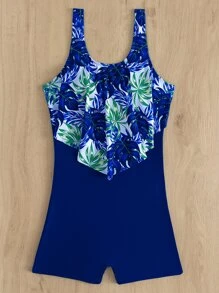 SHEIN Swim Contrast Tropical Print One-Piece Swimsuit, For Summer Beach Vacation - Blue - View 4