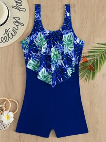 SHEIN Swim Contrast Tropical Print One-Piece Swimsuit, For Summer Beach Vacation - Blue - View 5