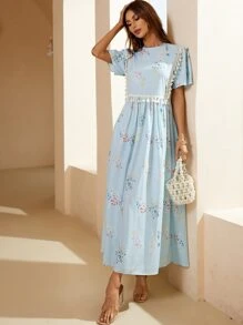 SHEIN Floral & Striped Print Tassel Trim Dress - Blue - View 1