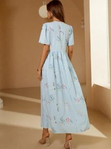 SHEIN Floral & Striped Print Tassel Trim Dress - Blue - View 2