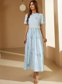 SHEIN Floral & Striped Print Tassel Trim Dress - Blue - View 3