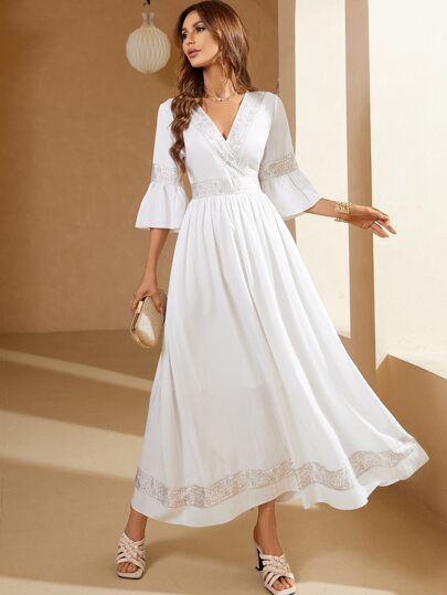 Floral & Geo Print Flounce Sleeve Satin Dress