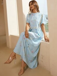 SHEIN Floral & Striped Print Tassel Trim Dress - Blue - View 4