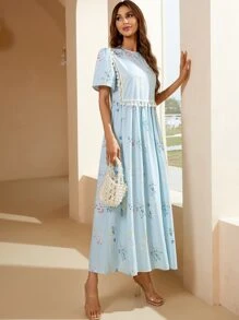 SHEIN Floral & Striped Print Tassel Trim Dress - Blue - View 5