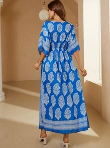 Al Najma Damask Print Batwing Sleeve Split Thigh Kaftan - Blue - View 2